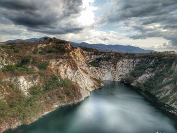 Scenic view of river amidst mountains against sky