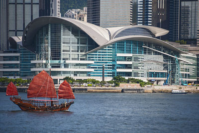 Traditional junk boat at victoria harbour in hong kong