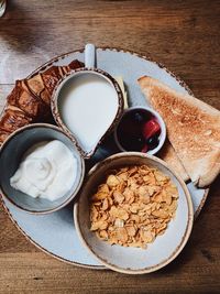 High angle view of breakfast served on table