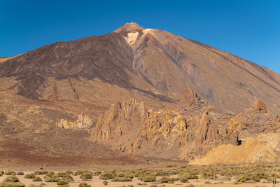 The peak of mountain el teide with the national park beneath it