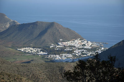 High angle view of mountains against clear sky