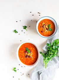 Hot and spicy, thick lentil and red bean soup with canned tomatoes and coriander. 