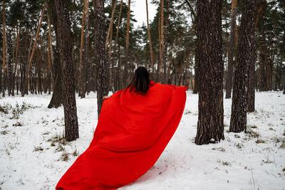 Little red riding hood is going away on a snowy road. dramatic and fantastic shooting.