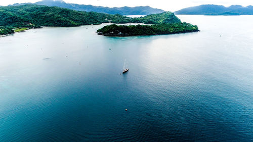 High angle view of boats on sea shore