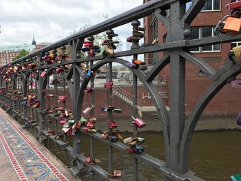 Close-up of padlocks on footbridge