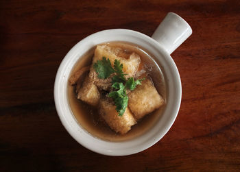 High angle view of food in bowl on table