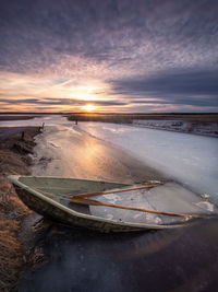 Scenic view of frozen beach against sky during sunset