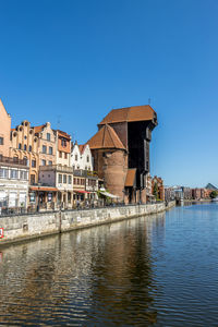 Buildings by river against blue sky