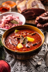 Close-up of soup in bowl on table