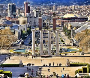 High angle view of city buildings