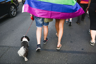 Low section of woman with dog walking on road