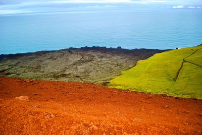 Scenic view of landscape by sea against sky