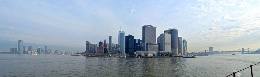 City by river and buildings against sky