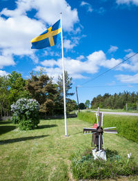 Swedish flag waving on field against sky