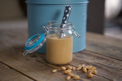 Close-up of drink in jar on table