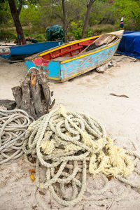 Fishing boats moored at harbor