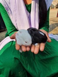 School girl holding bunnies