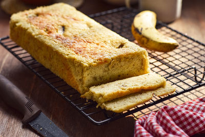 Close-up of banana cake on table