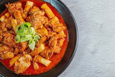 High angle view of noodles in bowl on table