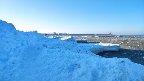Scenic view of sea against clear sky during winter