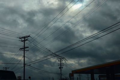 Low angle view of power lines against cloudy sky