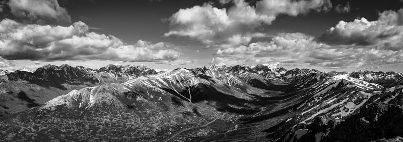 Panoramic view of snowcapped mountains against sky