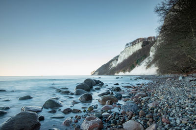 Baltic sea coast at jasmud park. cold autumn morning at sassnitz, germany. white chalk soil erosion.