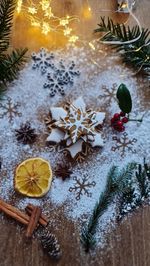 High angle view of christmas decorations on table