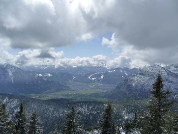 Scenic view of snowcapped mountains against sky