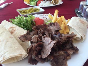 High angle view of food in plate on table