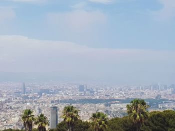 High angle view of buildings and trees against sky