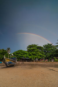 Rainbow over trees against sky