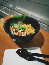 High angle view of meal served on table