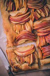 High angle view of apples in tray on table