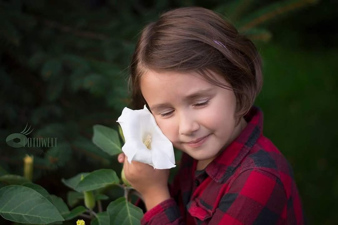 headshot, one person, portrait, child, childhood, plant, focus on foreground, close-up, lifestyles, real people, leisure activity, girls, females, flower, holding, nature, looking, flower head, teenager, human face