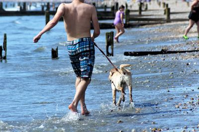 People with dog walking in water