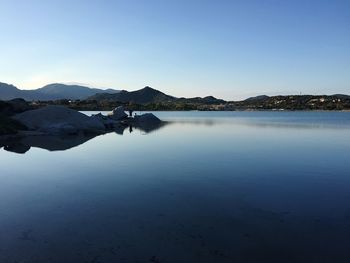 Scenic view of lake against clear blue sky