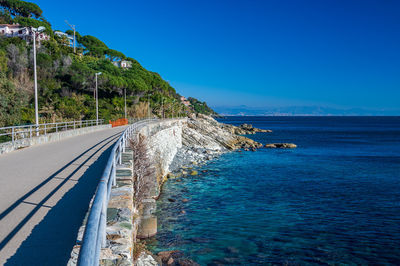 Scenic view of sea against clear blue sky