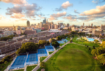 High angle view of park and buildings at haymarket