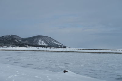 Scenic view of sea by snowcapped mountain against sky