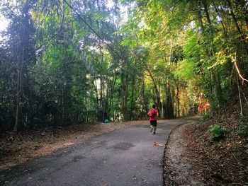 Rear view of man running on road amidst trees in forest