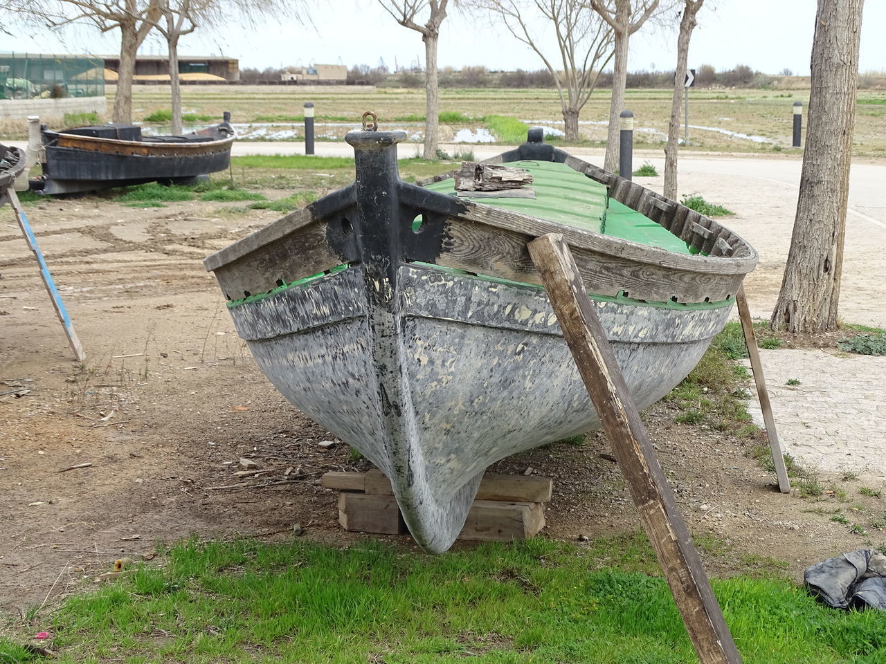 ABANDONED BOAT MOORED ON FIELD BY TREES