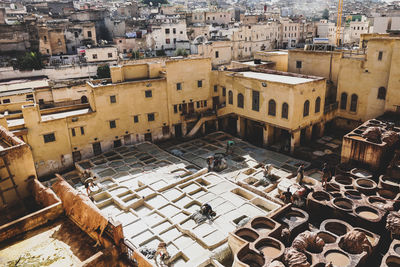 High angle view of old buildings in town