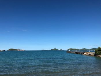 Scenic view of sea against clear blue sky