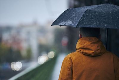 Rear view of man holding umbrella standing in rain