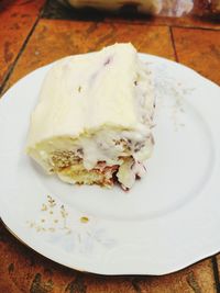 High angle view of cake in plate on table