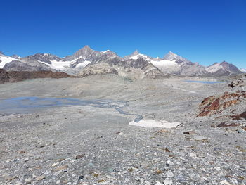 Scenic view of snowcapped mountains against clear blue sky