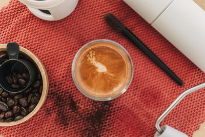 High angle view of coffee on table