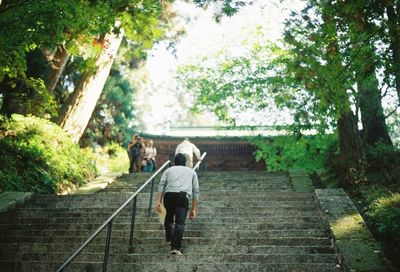 Rear view of woman walking on footpath