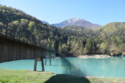 Scenic view of river and mountains against sky